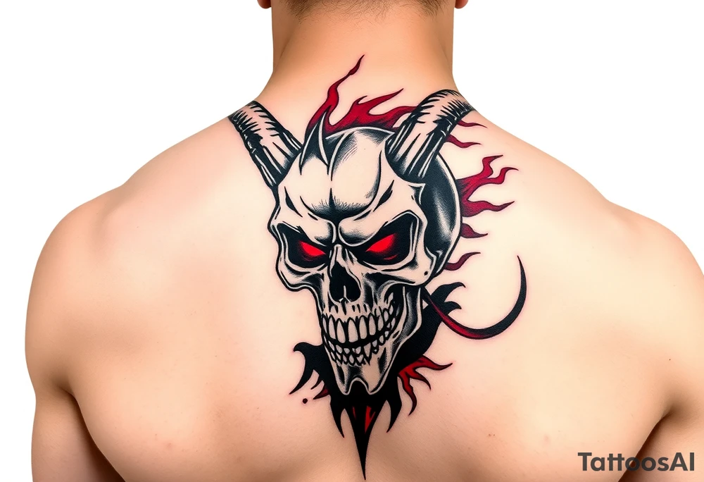 Demon skull black and red on left chest male tattoo idea