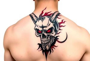 Demon skull black and red on left chest male tattoo idea