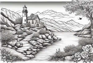 Create a Mediterranean climate with a mountain in the background, add an oak tree, a rose bush, a dove with an olive leaf, a playing harp, a lighted lighthouse tattoo idea