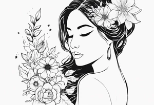 she is fire and flowers, feminist tattoo, strong but really delicate, fine lines. No face, silouette tattoo idea