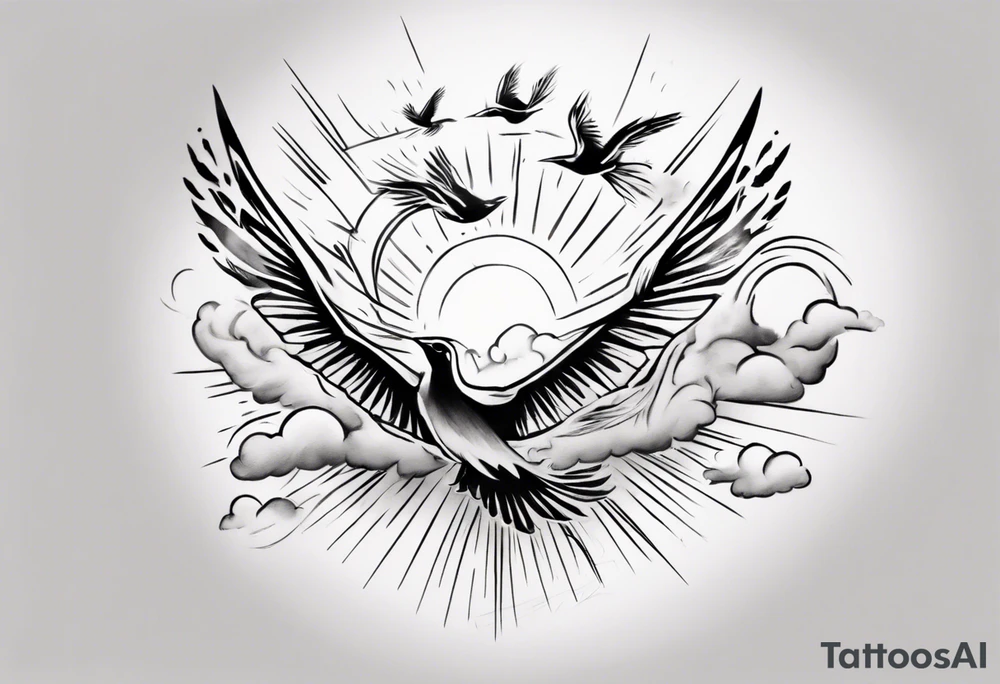 a shoulder tattoo with lots of rays of light in gradient, clouds and birds flying free tattoo idea