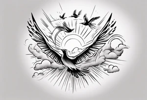a shoulder tattoo with lots of rays of light in gradient, clouds and birds flying free tattoo idea