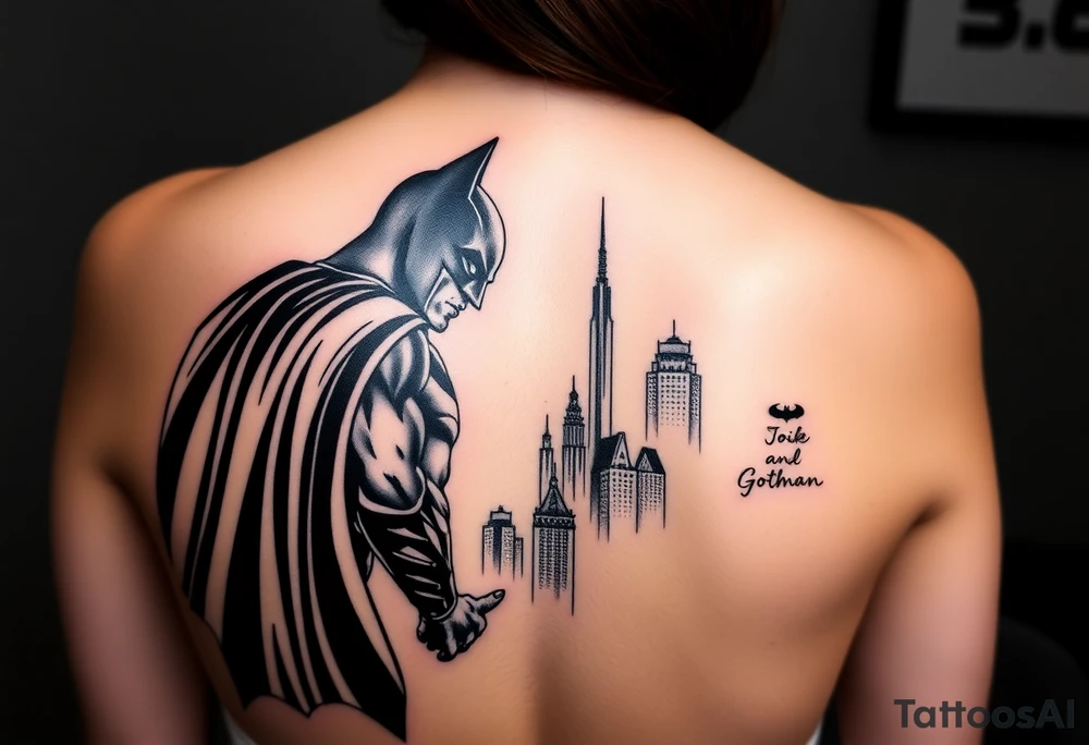 Batman facing off with the joker in Gotham city with buildings and with bat signal shinning tattoo idea
