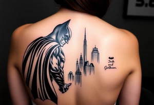 Batman facing off with the joker in Gotham city with buildings and with bat signal shinning tattoo idea