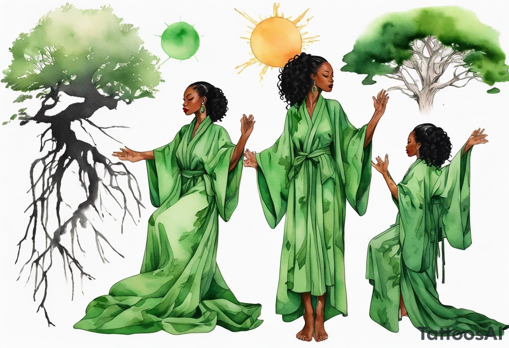 a beautiful black woman wearing a green robe with legs that turn into tree roots, arms raised towards the sun tattoo idea