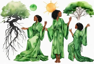 a beautiful black woman wearing a green robe with legs that turn into tree roots, arms raised towards the sun tattoo idea