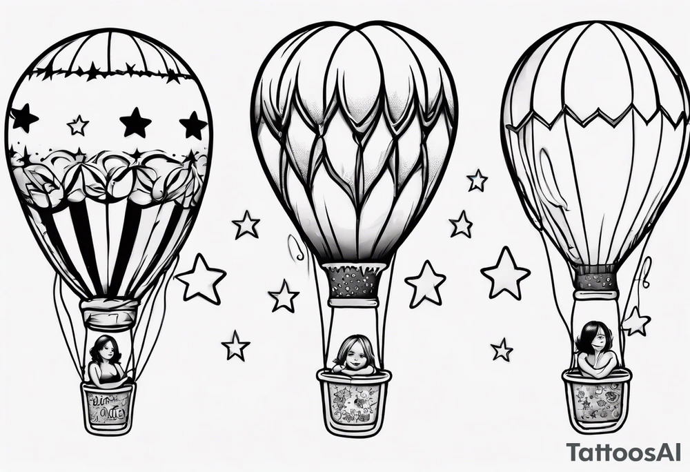 Hot water balloon with star and heart balloons and little girl inside the balloon dreaming tattoo idea