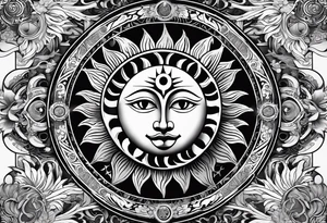 Merge celestial symbols like the sun and moon with religious icons, creating a design that represents the eternal and cyclical nature of spirituality. tattoo idea