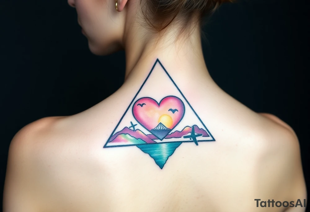 A triangle with a big heart in the center with a travel theme tattoo idea
