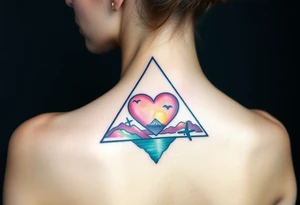 A triangle with a big heart in the center with a travel theme tattoo idea