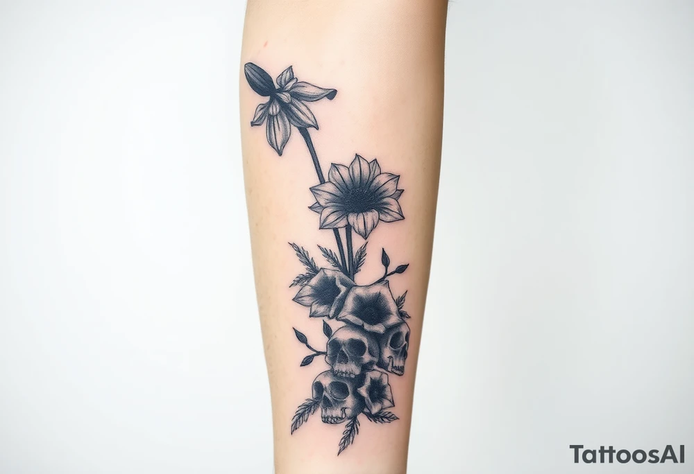 Aconitum flower going up the arm with details gothic style with skulls tribal large tattoo idea