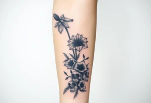 Aconitum flower going up the arm with details gothic style with skulls tribal large tattoo idea