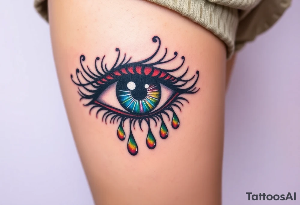 eye with rainbow tear drops tattoo idea