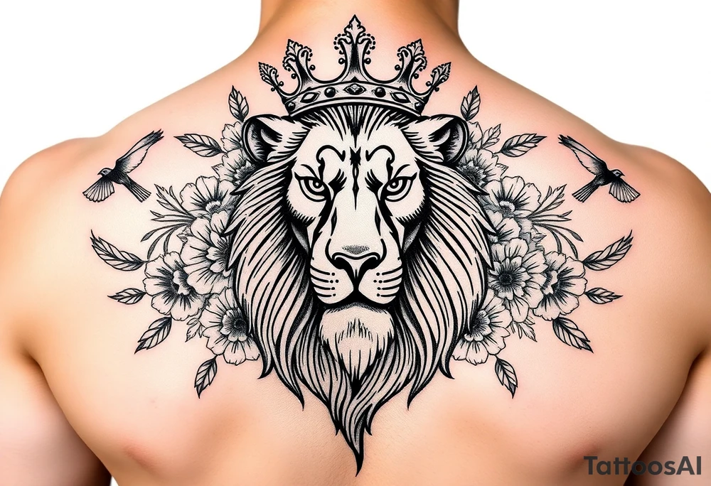 powerful majestic lion with a crown, surrounded by floral ornaments and birds tattoo idea