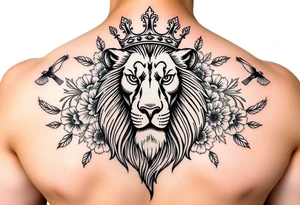 powerful majestic lion with a crown, surrounded by floral ornaments and birds tattoo idea