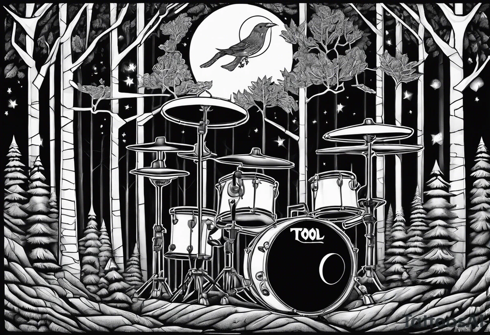 Tool band, drums, acoustic guitar, night, forest tattoo idea