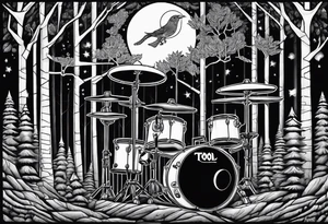 Tool band, drums, acoustic guitar, night, forest tattoo idea