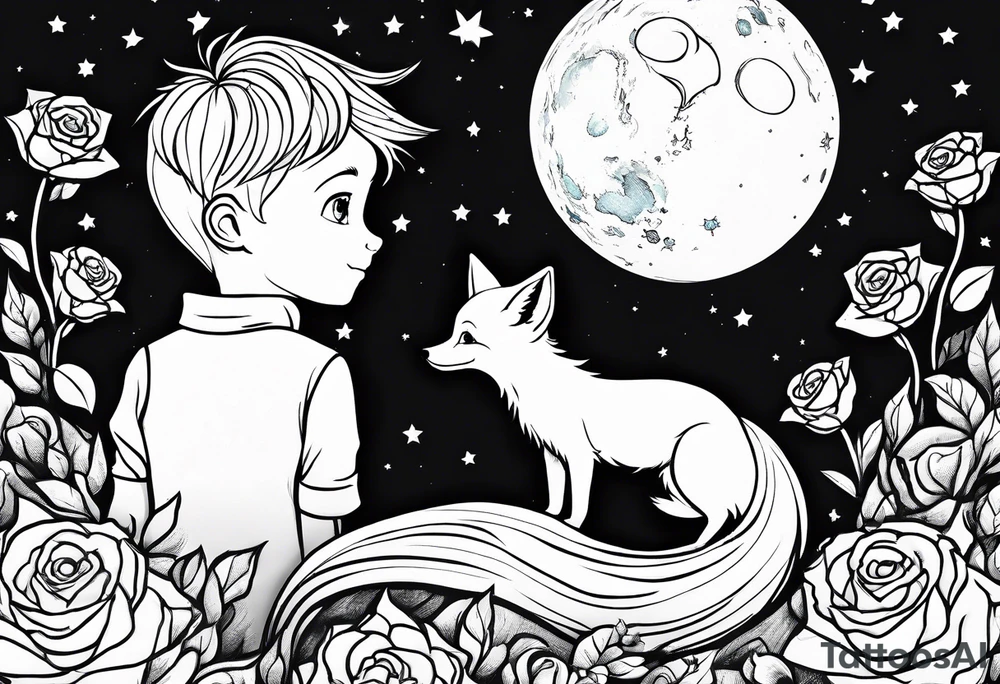 The Little prince with fox on his planet with rose tattoo idea