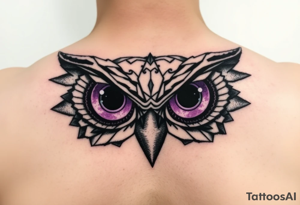 Geometric Owl head with large intense tripping purple eyes without pupils, tattoo idea