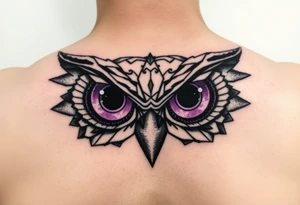 Geometric Owl head with large intense tripping purple eyes without pupils, tattoo idea