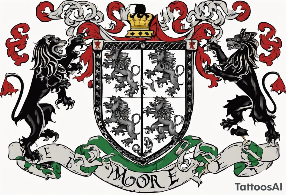 merge the English, Irish and Welsh Coat of Arms for the surname 'Moore'. The design should be symmetrical and suitable for a shoulder placement. It should feature heraldic elements from both coats of arms, such as the English Moore's lion and the Welsh Moore's dragon, intertwined in a harmonious and elegant manner. tattoo idea