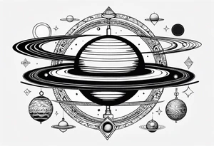 A tattoo with Saturn at the center surrounded by intricate linguistic symbols, reflecting the client's interests in cosmology and linguistics. tattoo idea