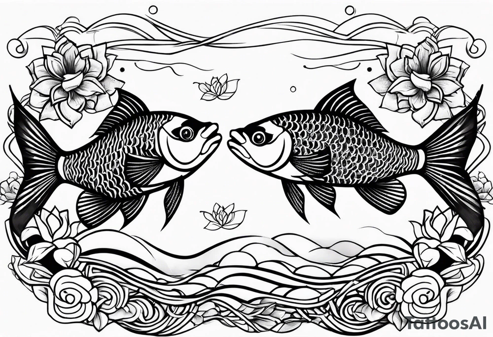 twin coi fish red and black with waves and lotus flowers tattoo idea