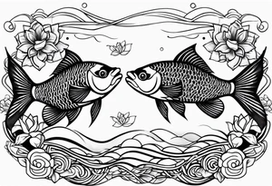 twin coi fish red and black with waves and lotus flowers tattoo idea