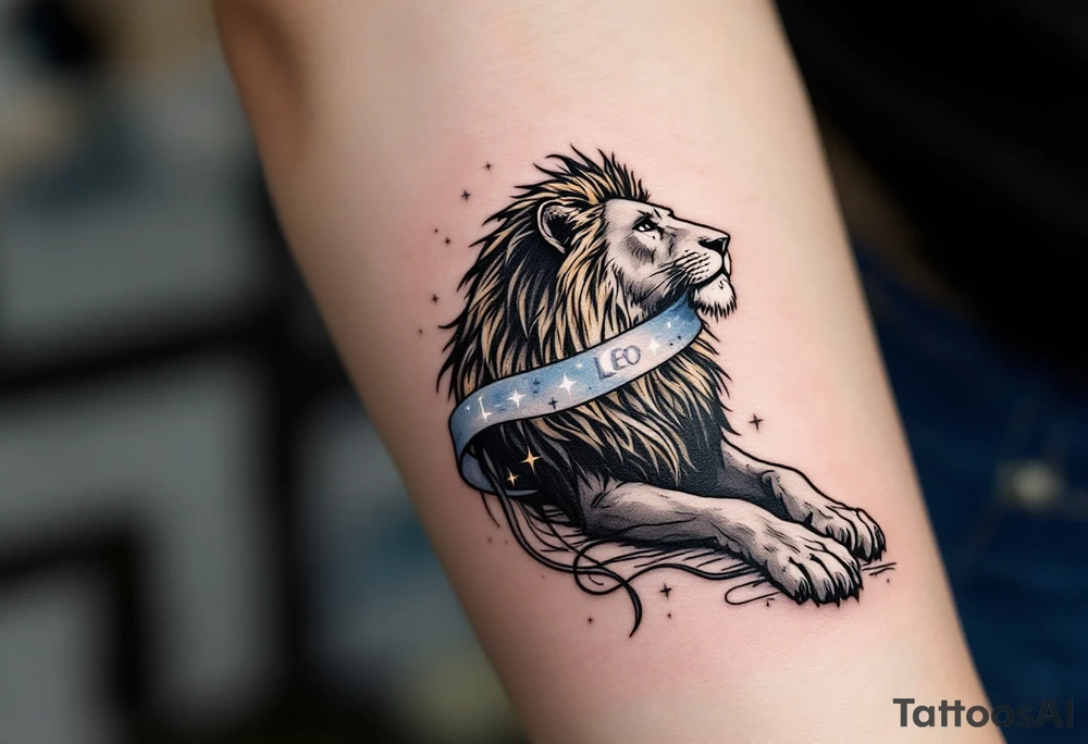 A sleek black lion stretches beneath a ribbon of Leo constellation stars in pale silver ink, draped across an ombré sky. tattoo idea