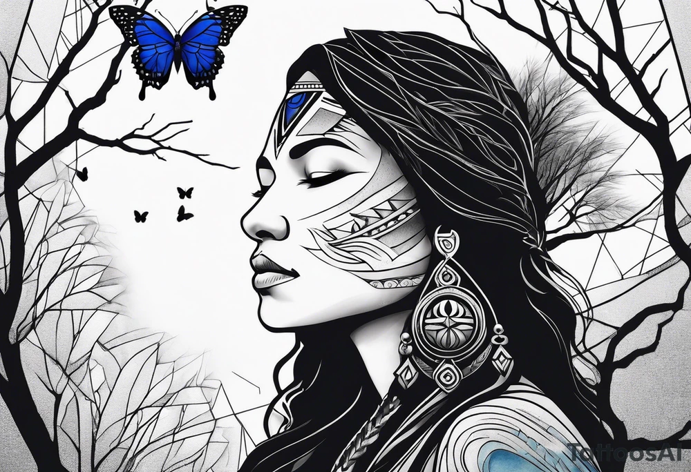 Tree of life with upper left branches framing a native American woman's face as she looks down onto the trees base and a lonely woman kneels there with 1 blue butterfly tattoo idea