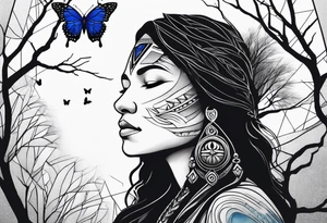 Tree of life with upper left branches framing a native American woman's face as she looks down onto the trees base and a lonely woman kneels there with 1 blue butterfly tattoo idea