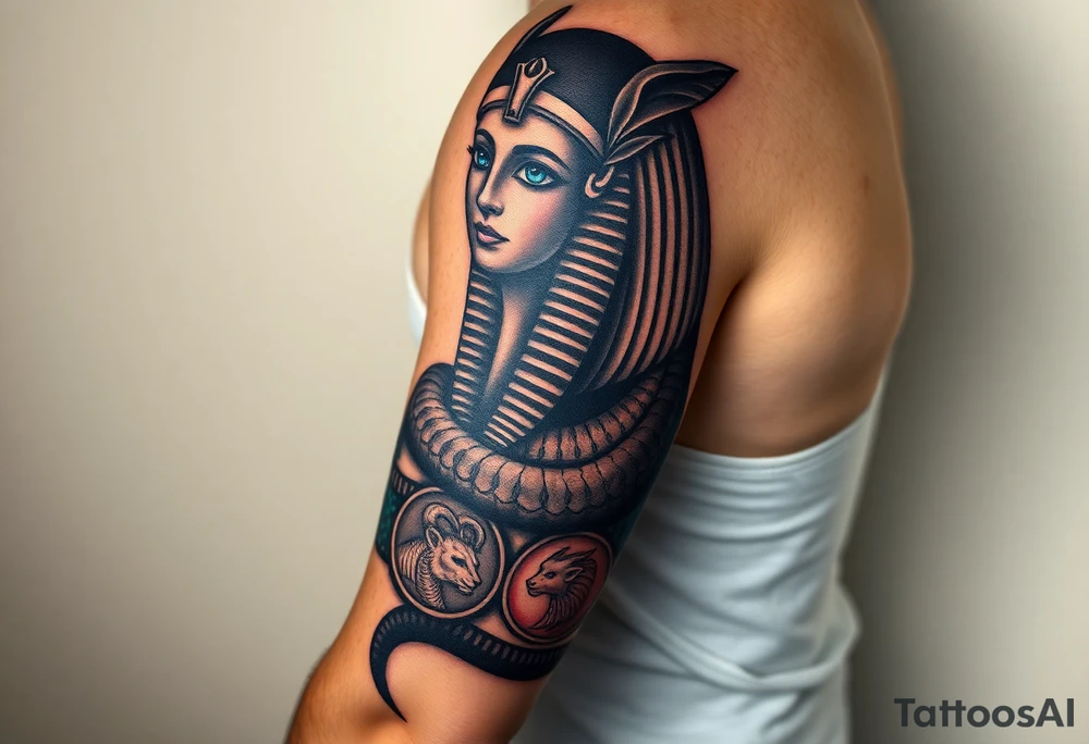 A DSLR photo of a full upper arm tattoo on a man's right arm, from neck to below the elbow. The tattoo shows the Egyptian goddess Renenutet with a serene and powerful female face, shaded with lifelike detail. Her eyes are vivid blue with white highlights. She wears a war crown (Mut or Isis style, with horns and a solar disk), and an ankh on the forehead. Her hair blends into a cobra hood that transitions into the serpent’s body wrapping around the entire arm. The cobra’s scales are deeply shaded black with white edge accents and subtle blue highlights on the back. The body coils protectively around the forearm, encircling three symbols: twin faces (Gemini), a lion’s head in relief (Leo), and a Capricorn with a horned goat and fish tail, each embedded in the snake’s body or stylized medallions. The tattoo glows slightly with white ink accents, giving it a vibrant, almost living presence. Photographed in soft studio lighting to highlight texture and shading, with visible skin grain and depth of ink. tattoo idea