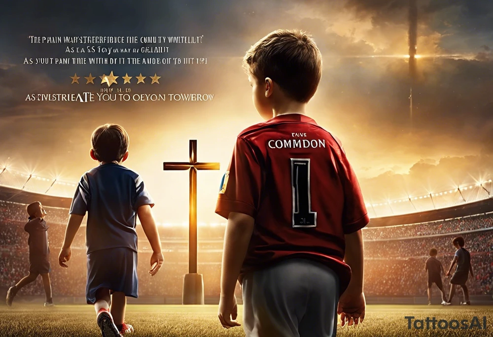 A little boy with the number 10 on his back walking into a stadium with a cross above it and a saying Roman’s 8:18 “ the pain you are feeling today, can’t compare to the joy to come tomorrow.” As well with 5 stars around it and in each star I want the number 15, 2 , 25, 27, 2 . tattoo idea