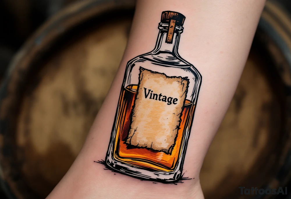 Vintage Whiskey Bottle – A detailed glass whiskey bottle with an aged, torn label. Warm amber liquid inside, with highlights and shadows to show transparency. Surrounded by barrel wood texture in the background. tattoo idea