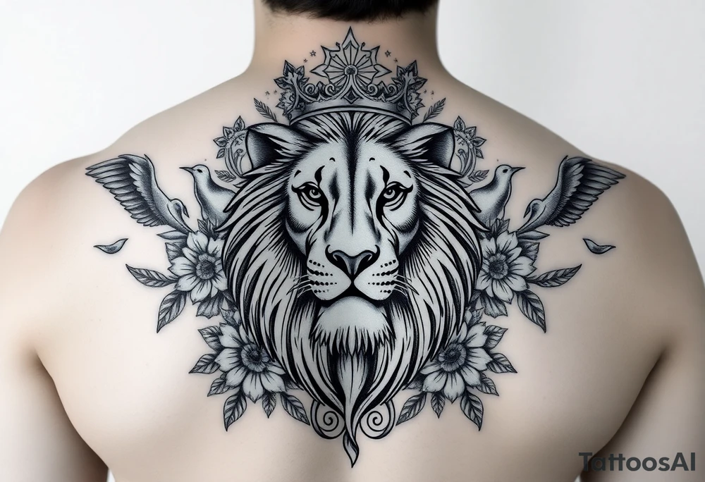 powerful majestic lion with a crown, surrounded by floral ornaments and birds tattoo idea