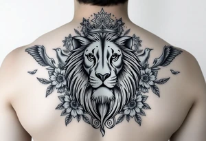 powerful majestic lion with a crown, surrounded by floral ornaments and birds tattoo idea