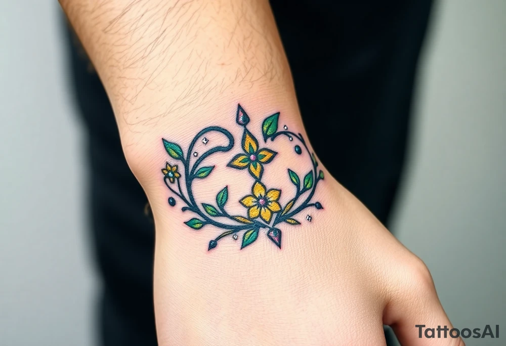A crown made of intertwined vines with diamond flowers scattered throughout, rendered in green and gold with diamond-like sparkles in white and pale blue. tattoo idea