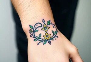 A crown made of intertwined vines with diamond flowers scattered throughout, rendered in green and gold with diamond-like sparkles in white and pale blue. tattoo idea