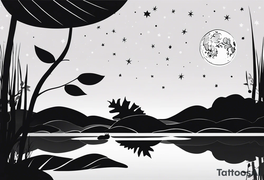 Black and white silhouette illustration of a close-up enchanting caterpillar on an autumn leaf. The caterpillar, with its distinctive body shape, is positioned on the leaf, which is floating on the water of a quiet, enchanted lake. The background shows a starry night sky and a full moon, with the reflection of both the stars and moon on the calm surface of the water. The surrounding environment is captured in soft, flowing shapes that imply the vibrant autumn colors and the tranquil, magical atmosphere of the scene. tattoo idea