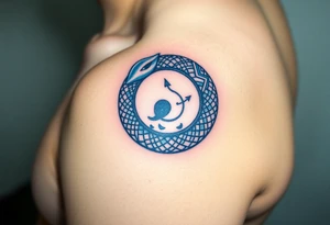 A blue and silver Ouroboros snake forming cyrcle, with cosmic patterns resembling a swirling galaxy within its body. tattoo idea