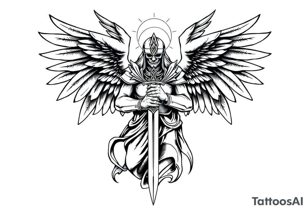 Holy Archangel, Biblical, Christianity, Hebrew, Guards of Christianity, Holding a sword, having six wings, wearing helmet, halo, seraphim, seek justice, walk only with God tattoo idea