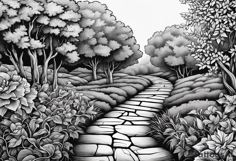 stone road over leafy vines tattoo idea
