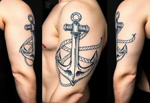 weathered anchor wrapped in nautical rope with sea waves tattoo idea