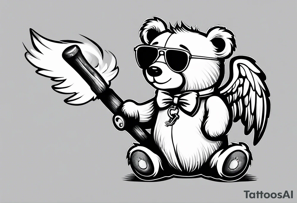 Teddy bear with angel wings wearing sunglasses holding a hammer tattoo idea