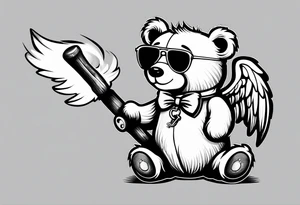 Teddy bear with angel wings wearing sunglasses holding a hammer tattoo idea