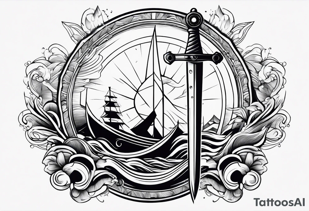 sword, wave, bolt, compass tattoo idea