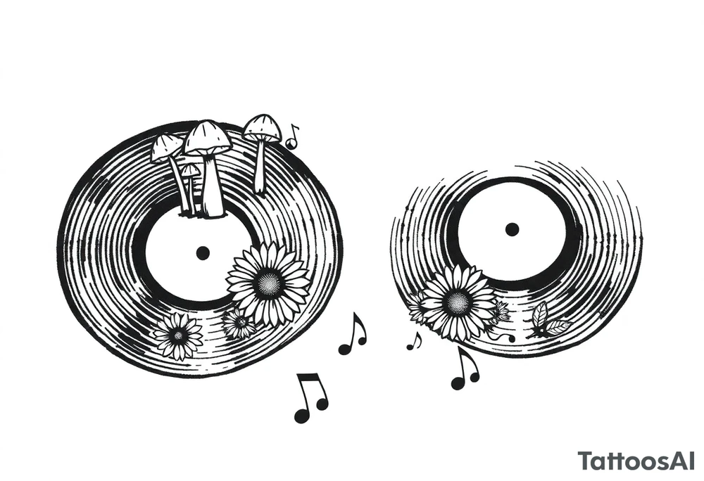 two overlapping vinyl records with mushrooms, sunflowers, and music notes tattoo idea