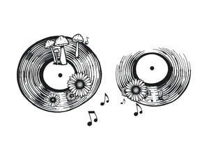 two overlapping vinyl records with mushrooms, sunflowers, and music notes tattoo idea