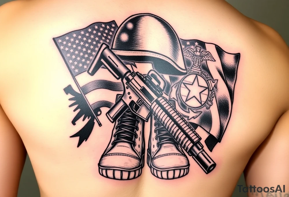 Miliary boots, rifle, helmet in black and grey with color Navy and Marine Corps Flags in the background tattoo idea