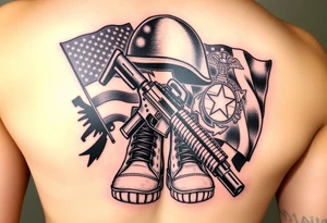 Miliary boots, rifle, helmet in black and grey with color Navy and Marine Corps Flags in the background tattoo idea